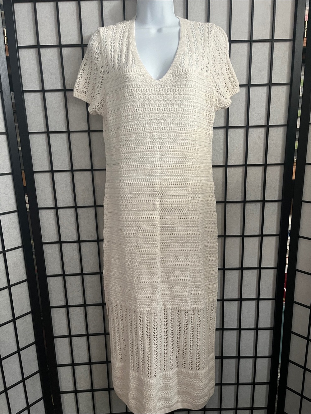 LOFT Cream Crochet Maxi Dress with V-Neck
